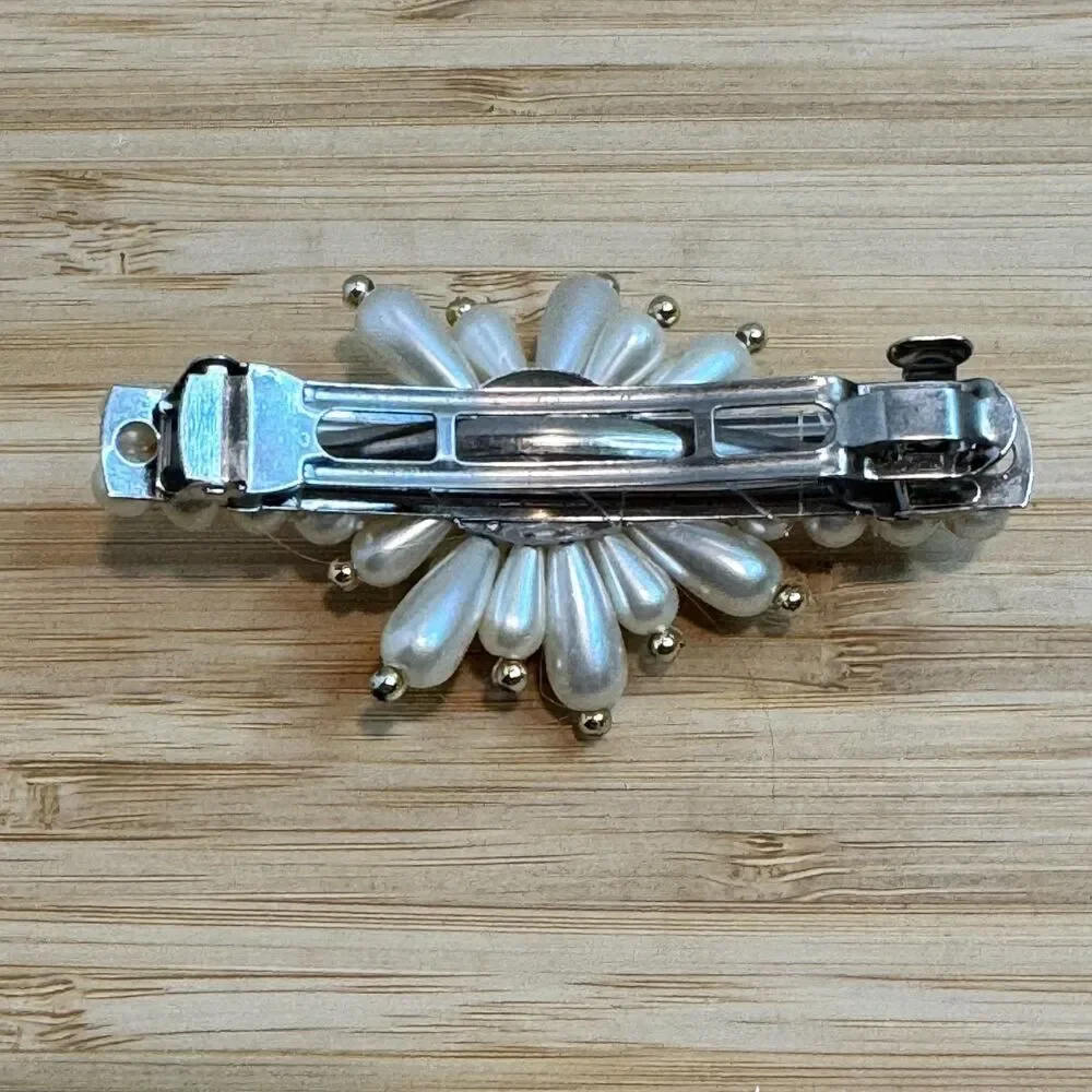Pearl Flower Hair Barrette Clip White Faux Pearl Silver Tone Bridal Floral